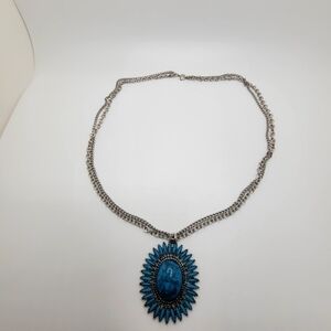 ESilver Medallion Necklace Crown Long Faux Turquoise